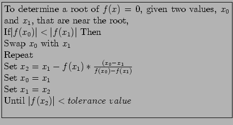 \fbox{\parbox{10cm}{
To determine a root of $f(x)=0$, given two values, $x_0$ a...
... $x_0=x_1$\\
Set $x_1=x_2$\\
Until $\vert f(x_2)\vert < tolerance value$\\
}}