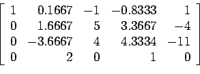 \begin{displaymath}
\left[
\begin{array}{rrrrr}
1 & 0.1667 & -1&-0.8333 & 1 \\
...
...4 & 4.3334 & -11 \\
0 & 2 & 0 & 1 & 0 \\
\end{array} \right]
\end{displaymath}