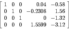 \begin{displaymath}
\left[
\begin{array}{rrrrr}
1 & 0 & 0 & 0.04 &-0.58\\
0 & 1...
...0 & -1.32\\
0 & 0 & 0 & 1.5599 & -3.12\\
\end{array} \right]
\end{displaymath}