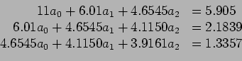 \begin{displaymath}
\begin{array}{rl}
11a_0+6.01a_1+4.6545a_2& =5.905 \\
6.01...
...839 \\
4.6545a_0+4.1150a_1+3.9161a_2& =1.3357 \\
\end{array}\end{displaymath}