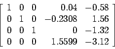 \begin{displaymath}
\left[
\begin{array}{rrrrr}
1 & 0 & 0 & 0.04 &-0.58\\
0 & 1...
...0 & -1.32\\
0 & 0 & 0 & 1.5599 & -3.12\\
\end{array} \right]
\end{displaymath}