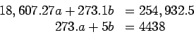 \begin{displaymath}
\begin{array}{rl}
18,607.27 a + 273.1 b& =254,932.5\\
273.a + 5b &=4438\\
\end{array}\end{displaymath}