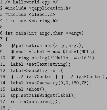 \begin{figure}\begin{center}
\small
\begin{verbatim}1 /* helloworld.cpp */
2  ...